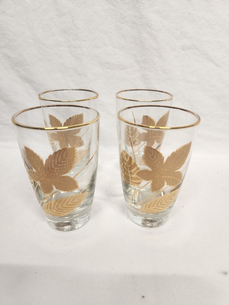 Libbey Gold Leaf Tumblers Glasses 5.25″ Rounded Vintage Set of 4
