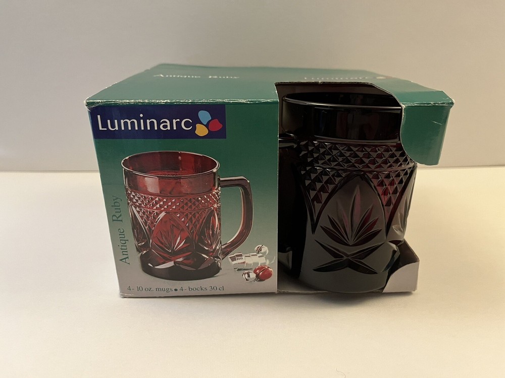 Vintage Luminarc 4″ Ruby Red Glass Mugs Made in France Set of 4 NEW IN BOX