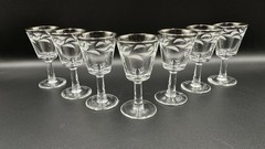 Vintage Set Of 7 Cristal D Arques Etched Laurel Leaf Silver Rim Cordial Glasses