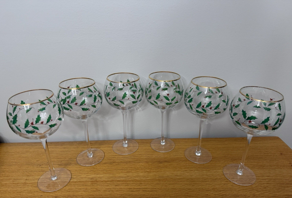 Lenox Holiday 16 oz. Balloon Wine Glasses, SET of 6 ~ Gold Trim, 8.25″ MINT