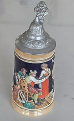 Original Vintage German Ceramic Painted Glazed Pewter Lid Beer Stein
