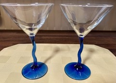 Set Of 2 Libbey Courbe Cobalt Blue Wavy Zig Zag Martini Glass