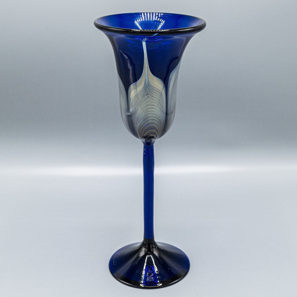 Steven Correia Pulled Feather Blue Iridescent Wine Water Goblet Glass 9 7/8″H