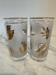 Vtg 70’s Glasses Frosted Gold Leaf Foliage Drinking Cups Set of 2 READ