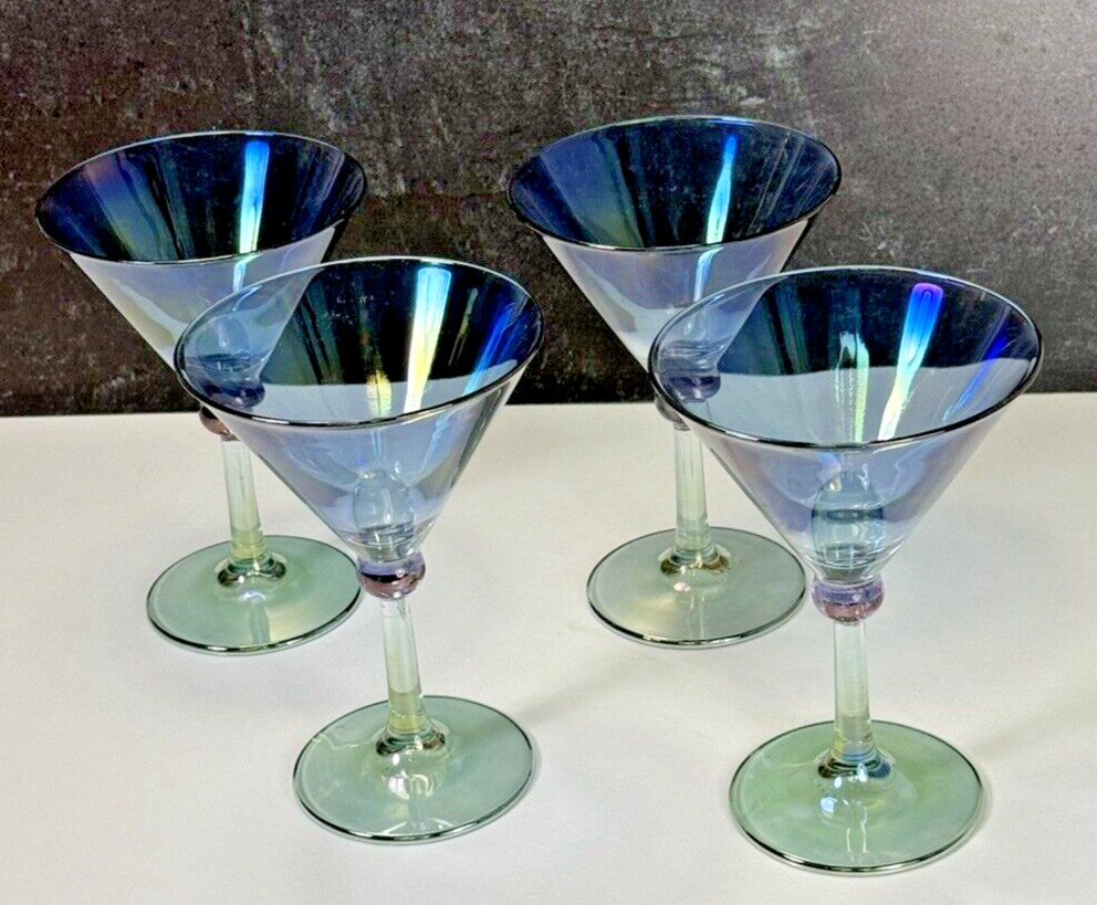 Set 4 Euroglass Italy Hand Blown Martini Glasses Purple Green Blue Iridescent