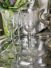 Set of 4 Floral Etched Cut Cordial Stem Glasses 2oz Aperitif Liquor Vintage Set
