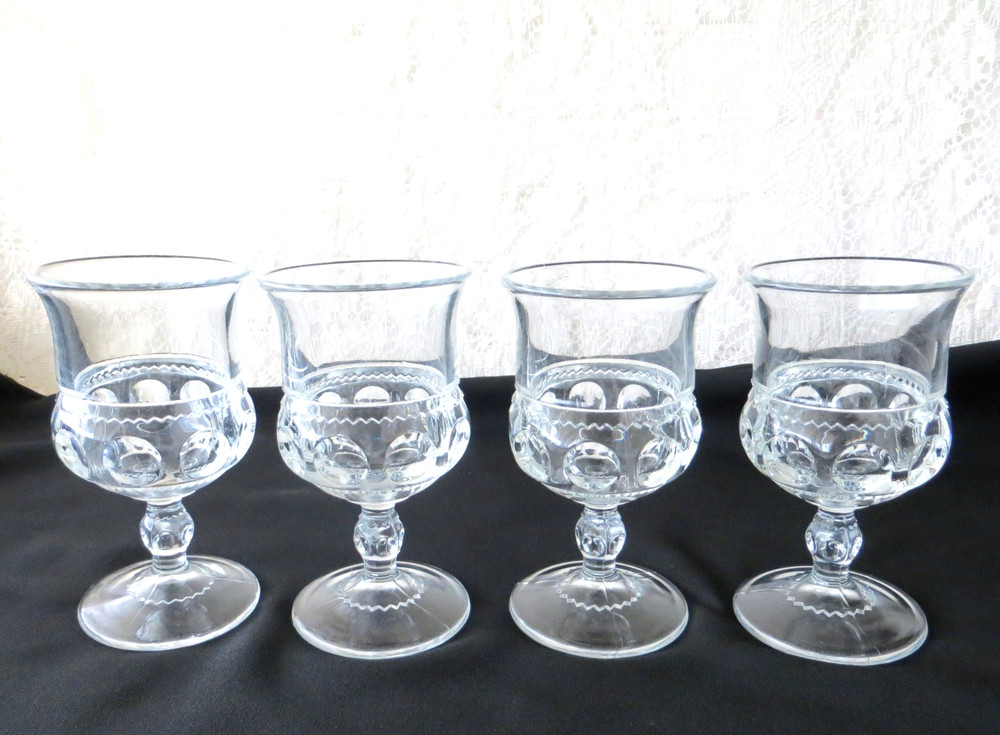 Clear Crystal King’s Crown Thumbprint Glass Goblet’s, 5 3/4″ x 3 1/8″, Set Of 4