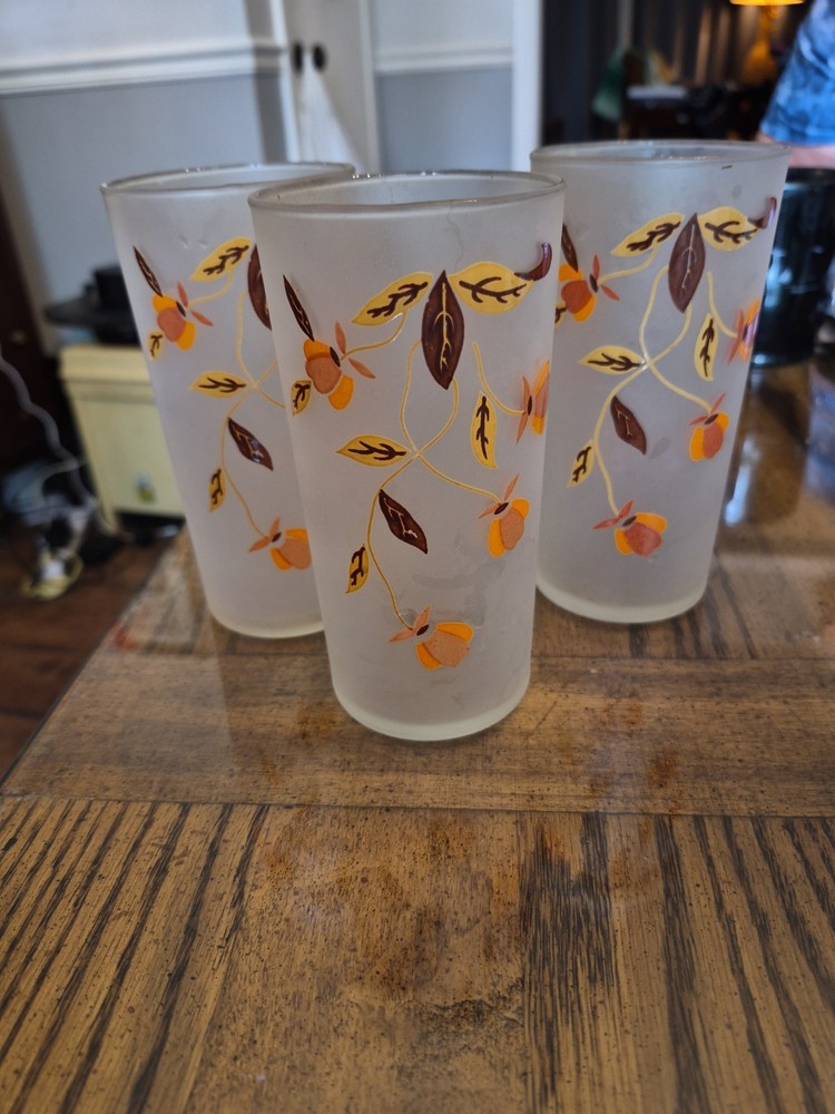 Set of 3 Hall Jewel Tea Autumn Leaf Libbey 5.5” Frosted Glass 12 OZ Tumblers