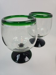 Pair Vintage Hand Blown Green Rim Smoke Glass Brandy Snifters Goblets with…