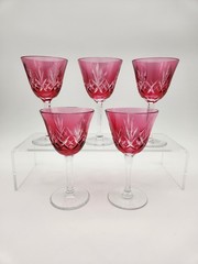 Vintage cranberry Nachtmann cut to clear crystal wine glasses. Set of 5.