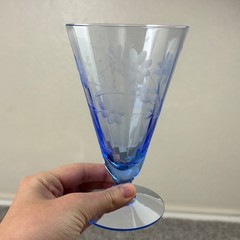 Vintage Elegant Blue Glass Water Goblet Paneled Etched Floral Stemware Set of 2