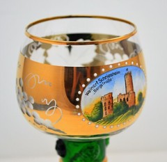 VINTAGE ROEMER GERMANY LARGE ETCHED GOBLET GLASS GREEN CLEAR GOLD