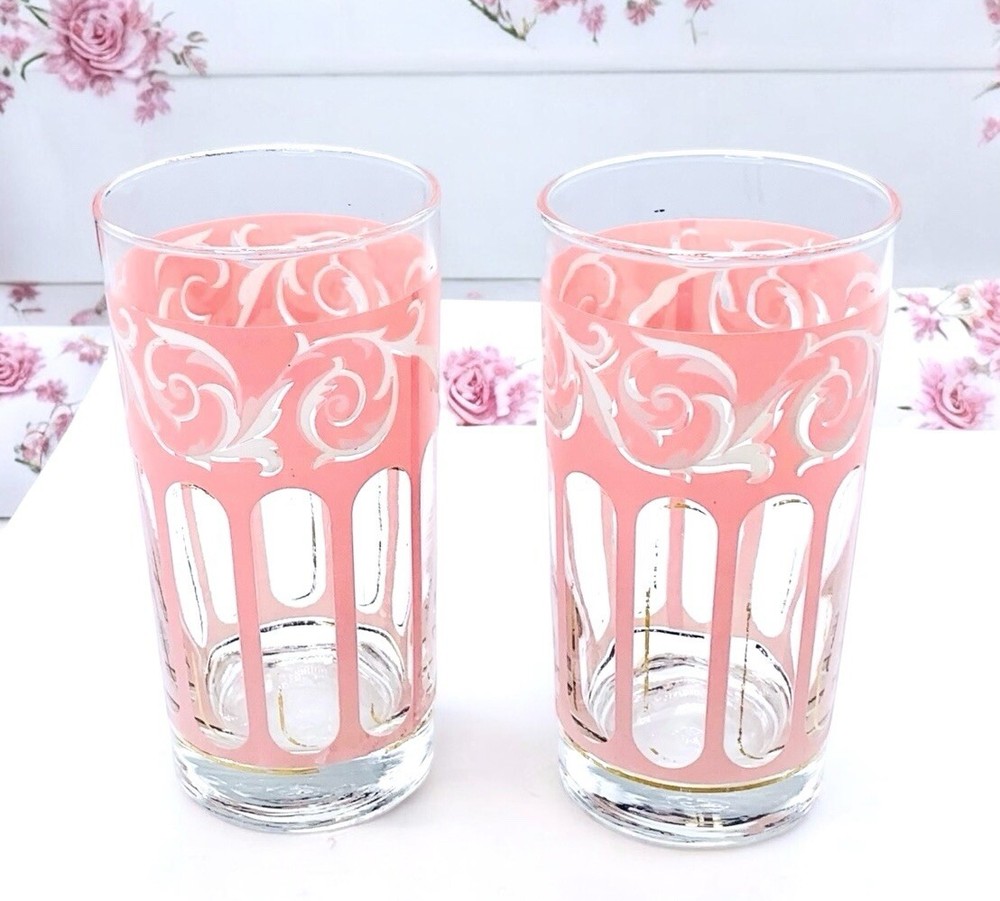 2 Libbey Hand Painted Pink White Scrolls 12 OZ Glass Tumblers