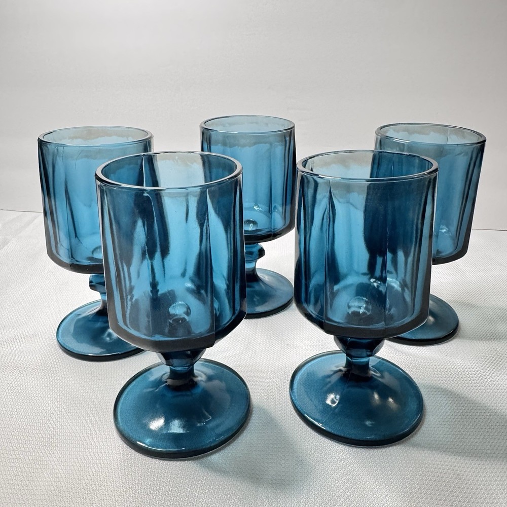 VTG MCM Set 5 Indiana Glass Colony Nouveau 6″ Riviera Blue Stemmed Goblets