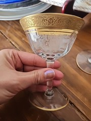 4 Vtg 1940’s Etched Crystal Champaign/ Desert Glasses,Gold Decorated Rim