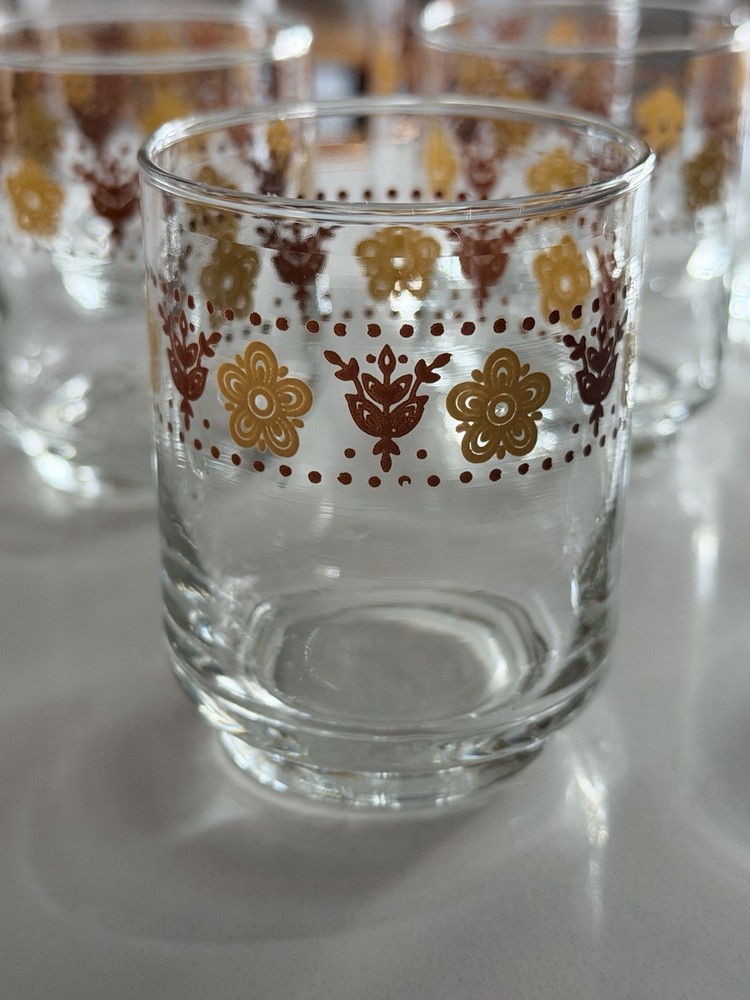 8 70’s MCM CORNING CORELLE BUTTERFLY GOLD Brown Glass Tumblers Juice Glasses 3”