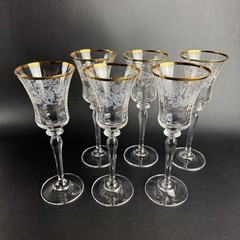 Set of 6 Mikasa Antique Lace Wine Goblets 8.5″ Tall Gold Rim Floral Crystal