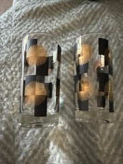 2 Vintage MCM Anchor Hocking Highball Glasses Black & 22K Gold Atomic Starburst