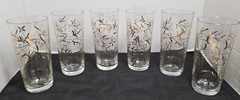 Set of 6 MCM Clear glass Highball Tumblers Drink with Gold Leaf & Vine Scroll