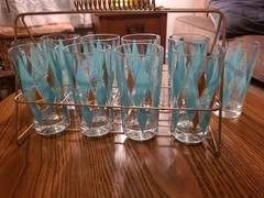 Vintage Hazel Atlas Teal Diamond Harlequin Glasses Set of 8 Caddy Plus 2 Spares
