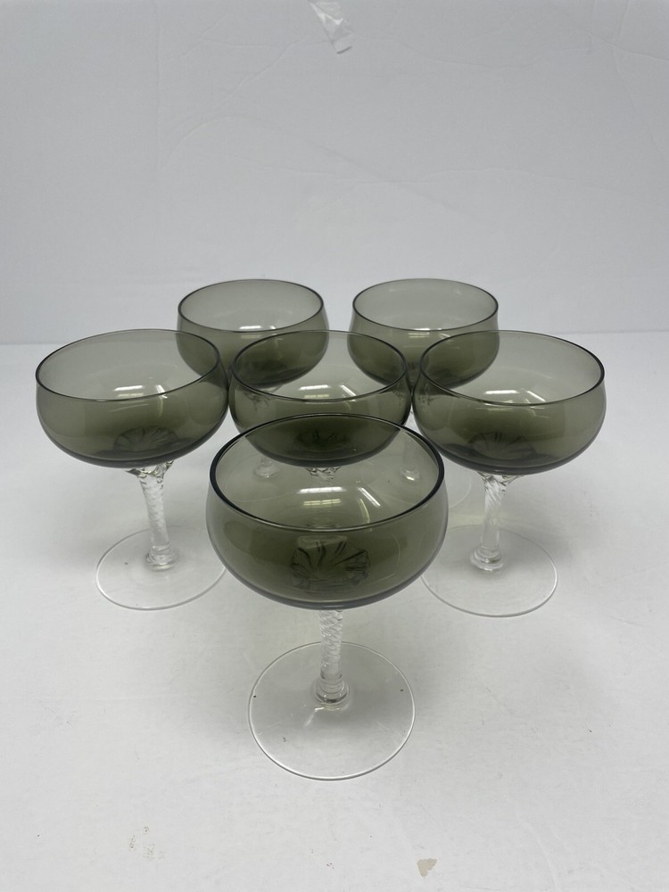 Sasaki Coronation Smokey Gray Set of 6 Martini/Cocktail Stemware Vintage