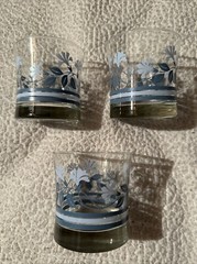 3 Vintage Blue Floral Flowers Tumbler Glasses Mid Century Modern MCM 70s