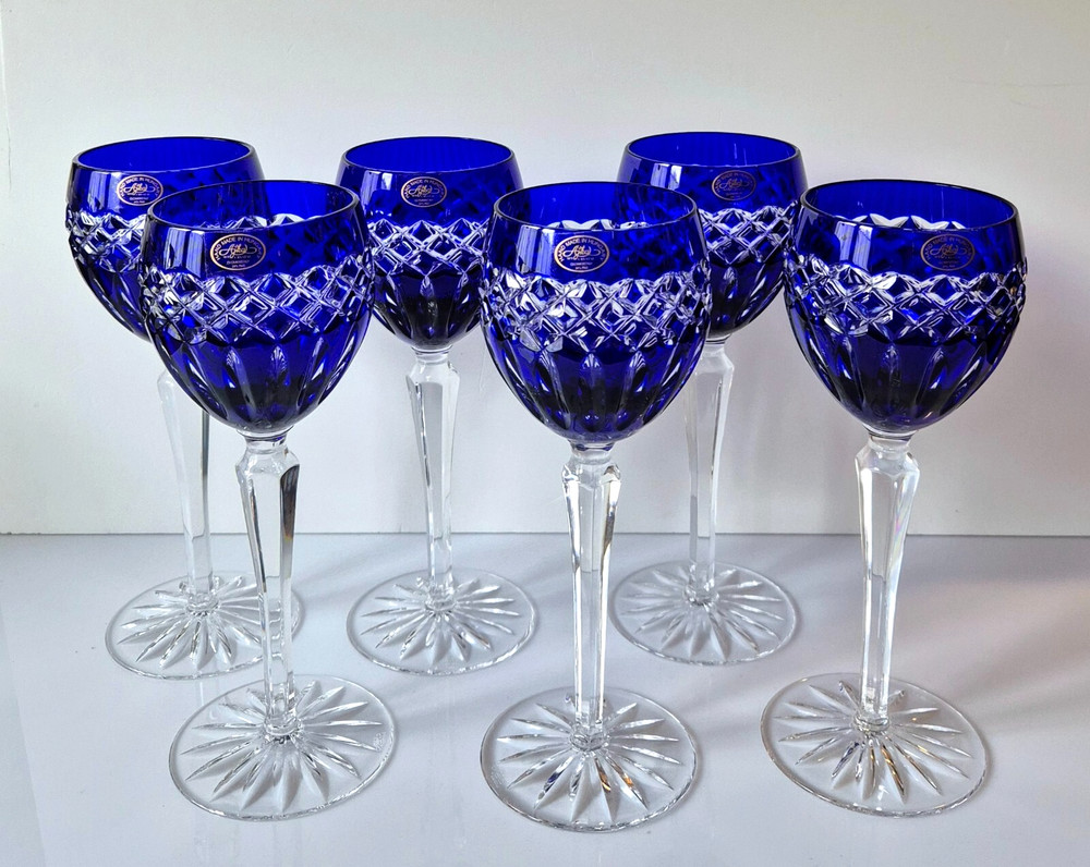 SIX AJKA CADESSIA COBALT BLUE CASED LEAD CRYSTAL WINE GLASSES, 8,5″, MARKED