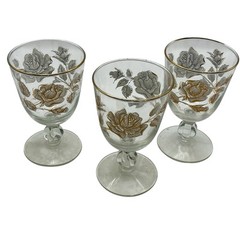 1963 Libbey 3 Rose Bouquet Water/Wine Goblets White Gold Roses Gold Rim 8 fl oz