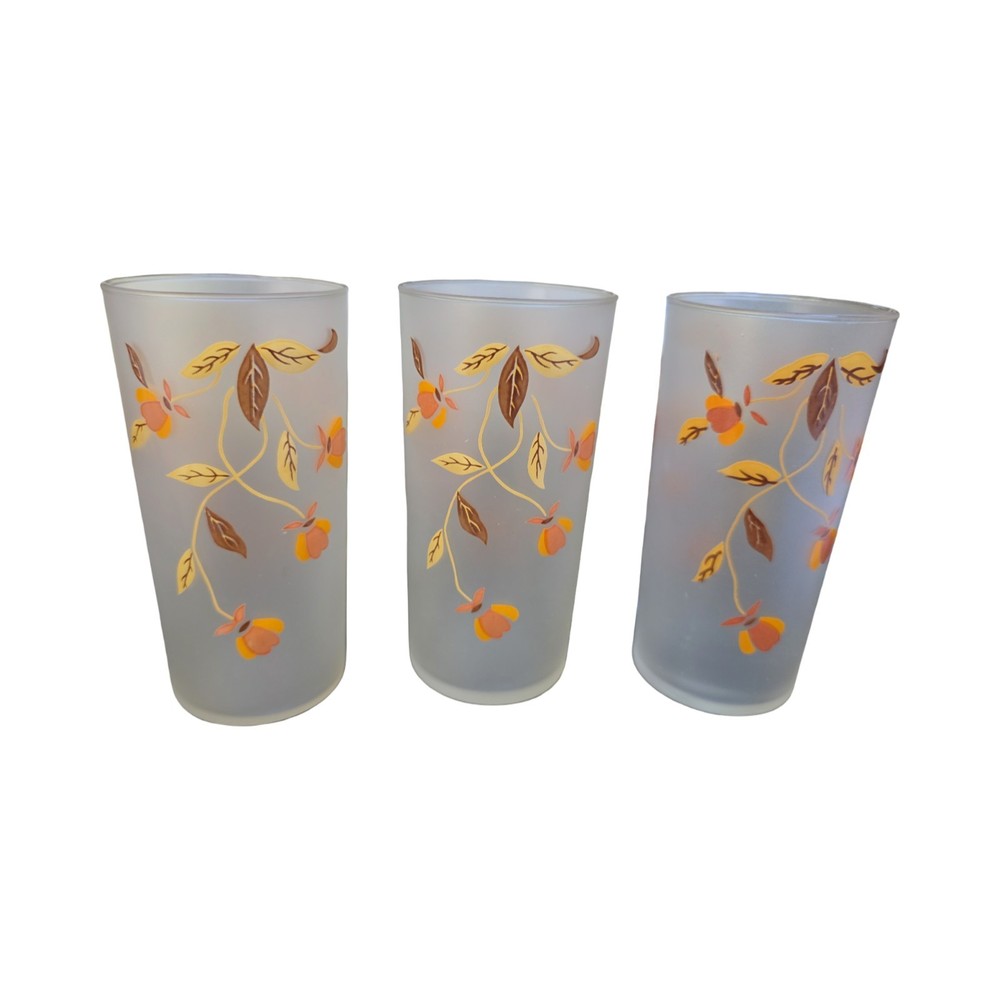 Vintage Hall’s Jewel Tea Autumn Leaf Frosted Tumblers Glasses Set 3 Mary Dunbar