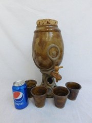 REDETZKE POTTERY STONEWARE WINE KEG AND 4 MATCHING GLASSES CERAMIC SIGNED