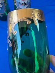 5 Bohemian 24K Gold Emerald Green 5″ Tumblers Hand Painted Raised Enamel Flowers
