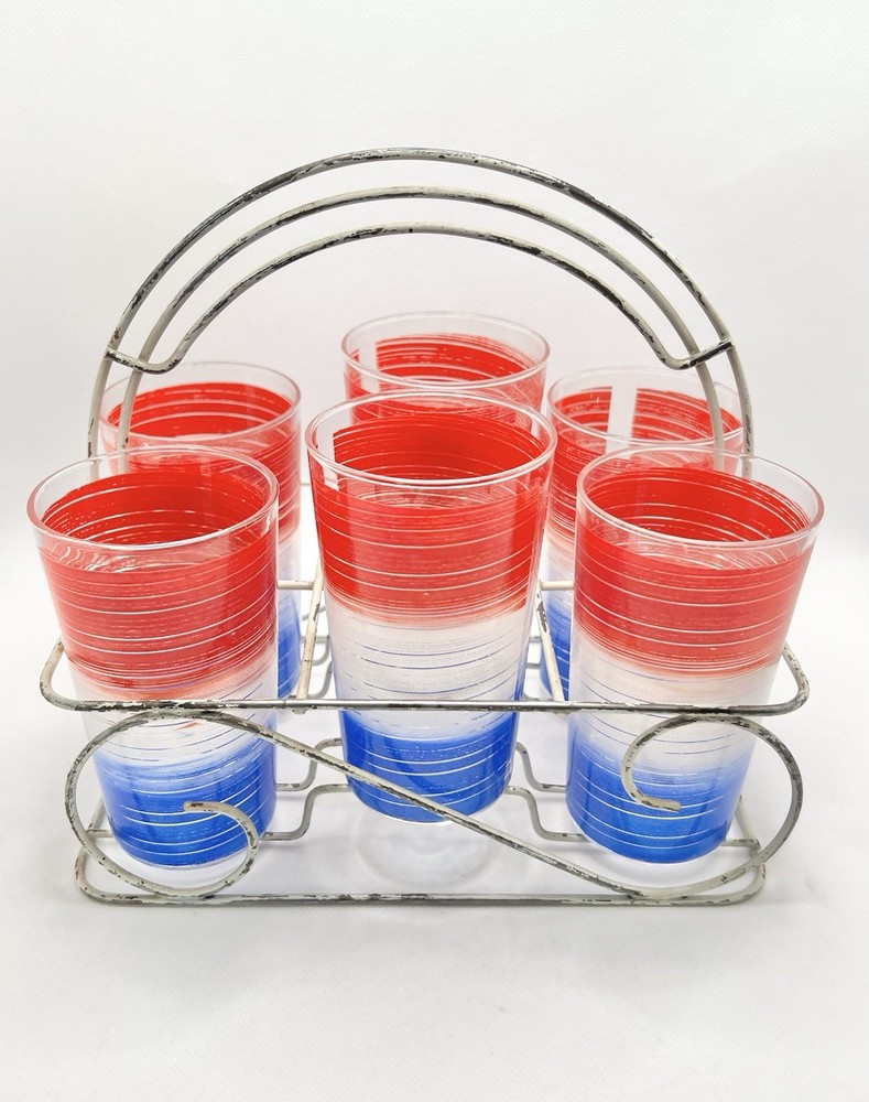 Vintage Anchor Hocking red white and blue stripes with metal caddy