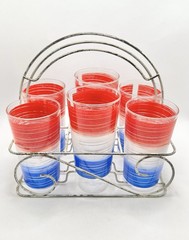 Vintage Anchor Hocking red white and blue stripes with metal caddy