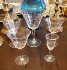5 WILLOW MOON PIONEER Cocktail Wine Aparitif ETECHED Glasses OCCUPIED JAPAN 1945