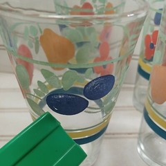 Vintage RARE Gibson Fruit Drinking Glasses Fruit and Floral w/Stripes Set of 4