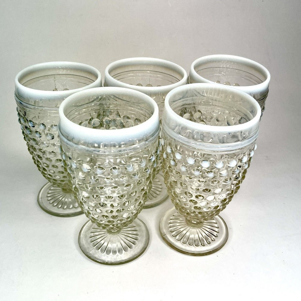 Goblet Water Cup Blue Opalescent Moonstone Hobnail Anchor Hocking Glass Lot Of 5