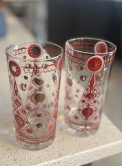 Set 2 Fred Press Signed MCM Atomic Christmas Tree Gold Red Highball Glasses Rare
