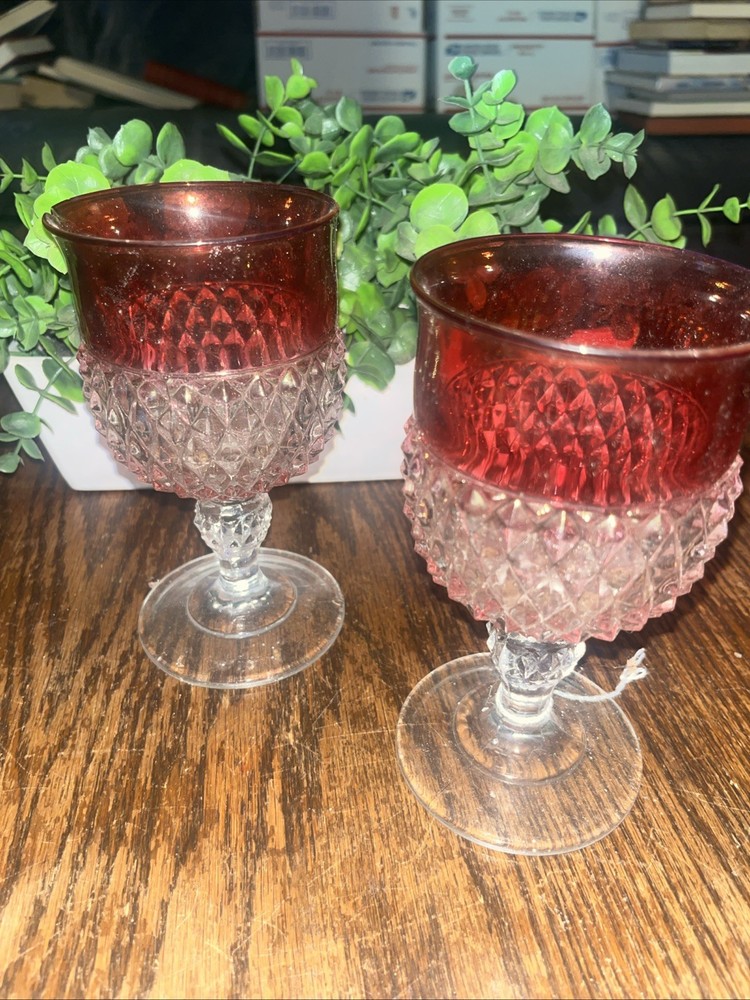 2 Vintage Indiana Glass Ruby Band Diamond Point 6-oz. Wine Goblets Mid-century