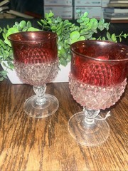 2 Vintage Indiana Glass Ruby Band Diamond Point 6-oz. Wine Goblets Mid-century