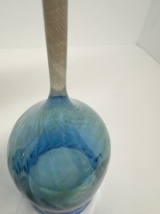 Set 2 Hand Blown Studio Art Wine Glasses Blue Iridescent w/ Twisted Cane Stems