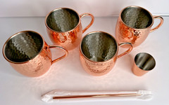 WOODCREST & MAPLE Hammered Copper Moscow Mule Mugs 4 mugs Shot glass and Straws