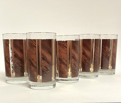 10 ct Vintage Libbey Wood Grain Gold Stripe Tumblers & Old Fashion Rocks Glasses