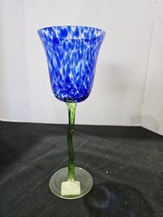 Nouveau Handcrafted Confetti Art Glass Flower Stem Tulip Blue Wine Glass Danube