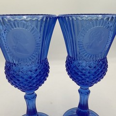 Fostoria Avon Cobalt Blue Glass Goblets (2) Ribbed Design/Diamond Cut Pattern