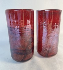 Hand Blown Ruby Red Art Glass Tumblers Set 2 Iridescent Swirl Studio Glass 6”