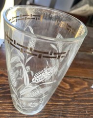 Large 6.5” Vintage Clear Glass Cup Vase – White Wheat W/ Greek Gold Around Top