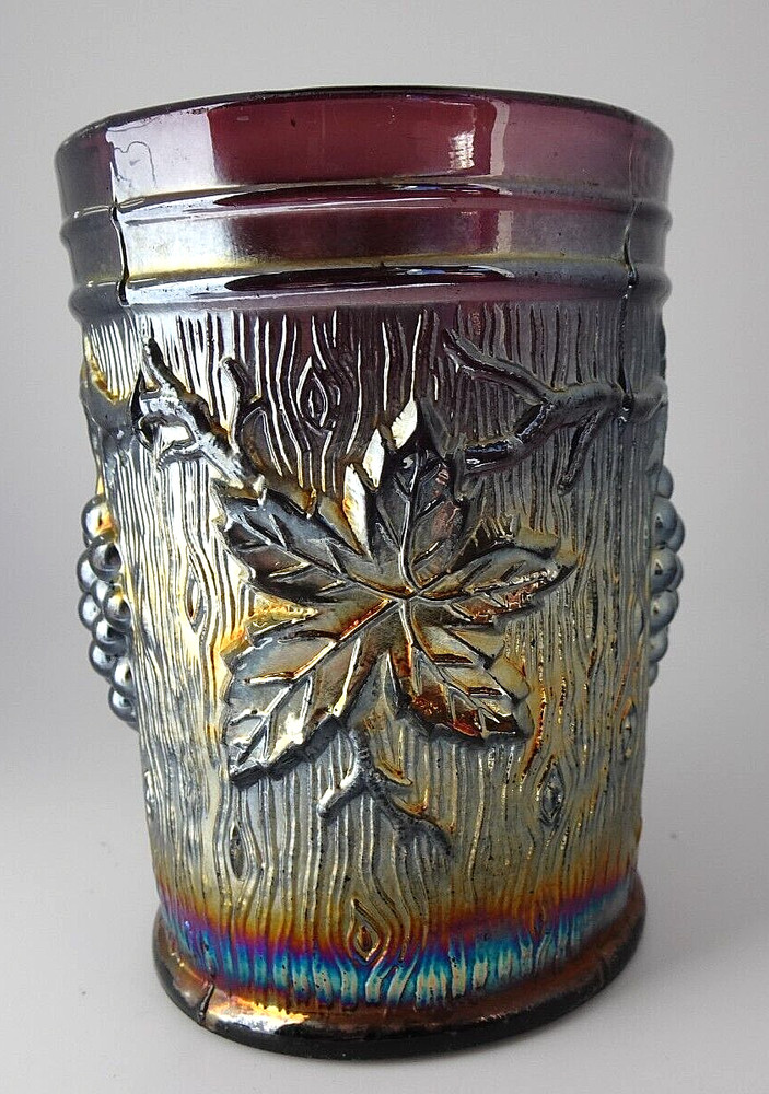 c1912 Dugan Glass Grape & Leaves, Vineyard Bark Amethyst Carnival Tumbler