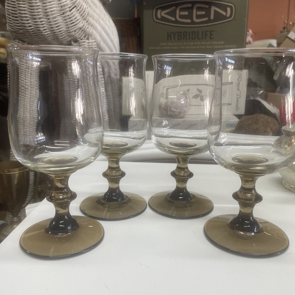 Vintage Libbey Tulip Smokey Brown Mid Century Water Wine Soda Glass Set Of 4