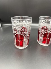 VTG Moroccan Style Tea Glasses Ruby Red Juice Cup 4” Filigree Scroll ARC Set of3
