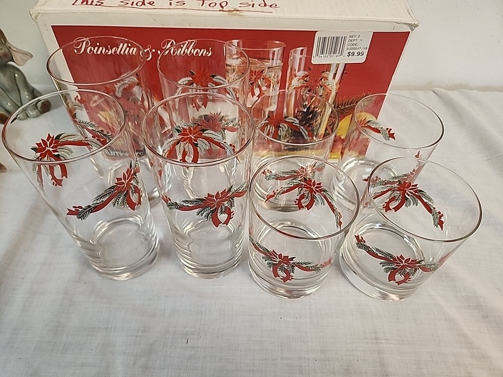 Poinsettia & Ribbons Luminarc Set of 8 Glasses 16 oz Cooler & 14 oz Double DOF